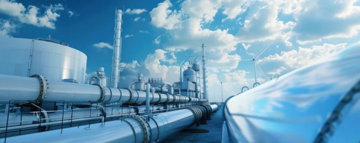 Industrial pipelines and storage tanks at an energy facility